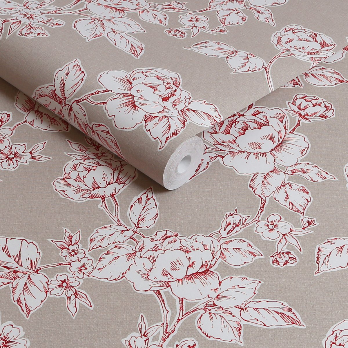 Papier peint fleuri Roses Pollington rouge framboise, beige grisé, LAURA ASHLEY