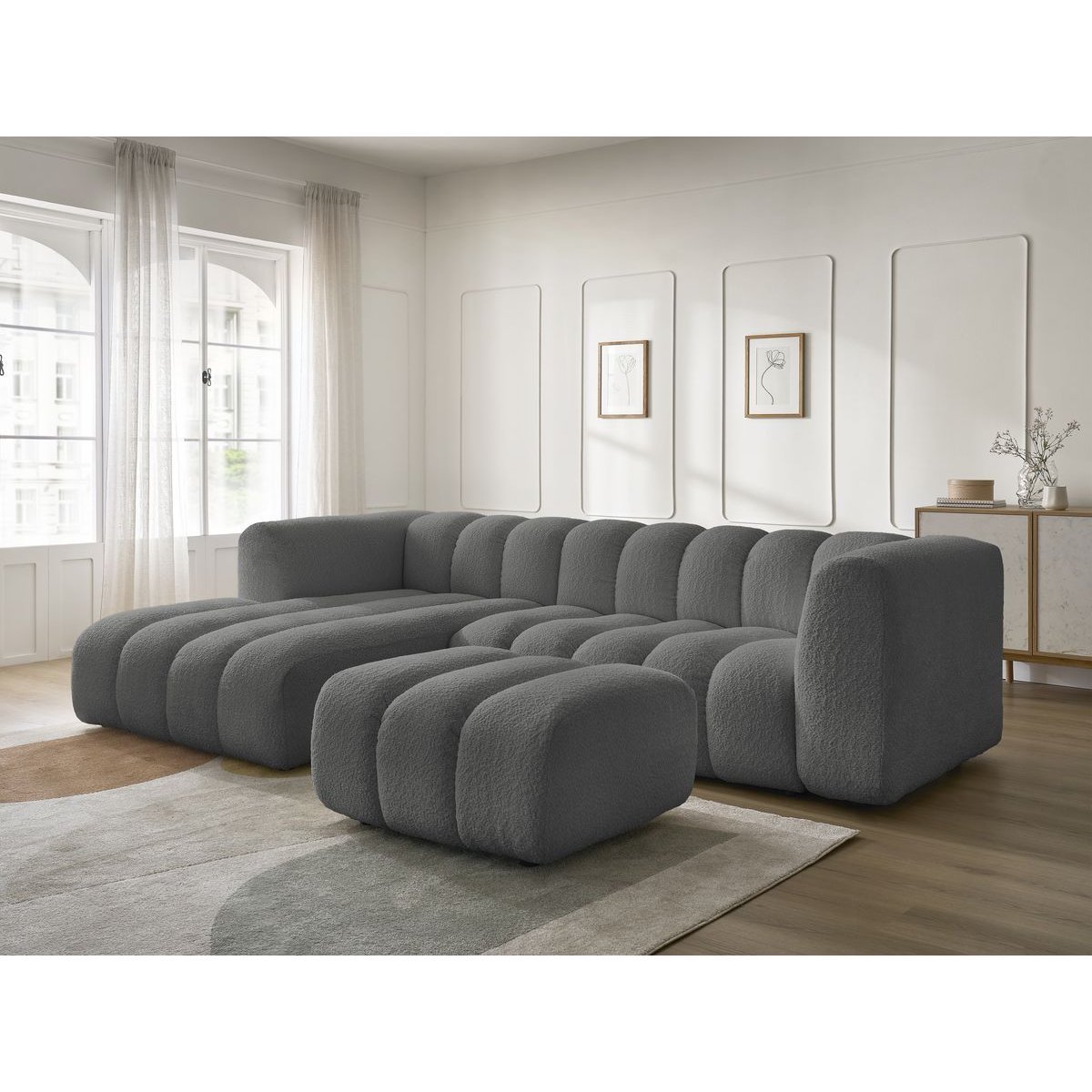 Canapé d'angle fixe 4 places en tissu bouclette avec pouf, TALIA gris foncé, BOBOCHIC