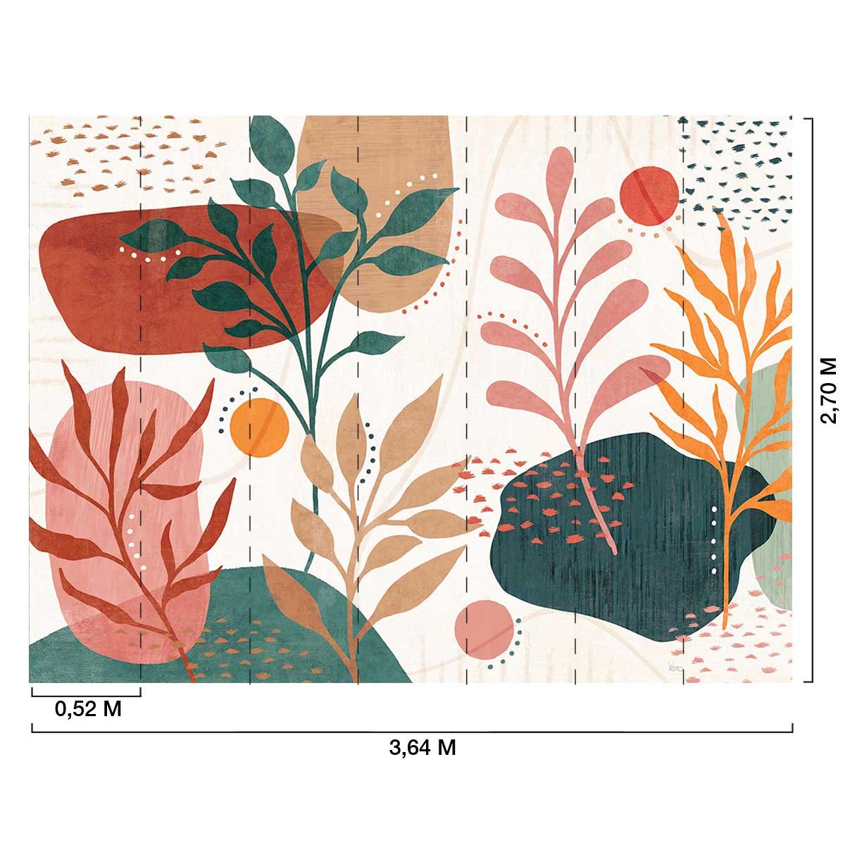 Papier peint végétal bohème terracotta et vert graphique multicolore, HEXOA