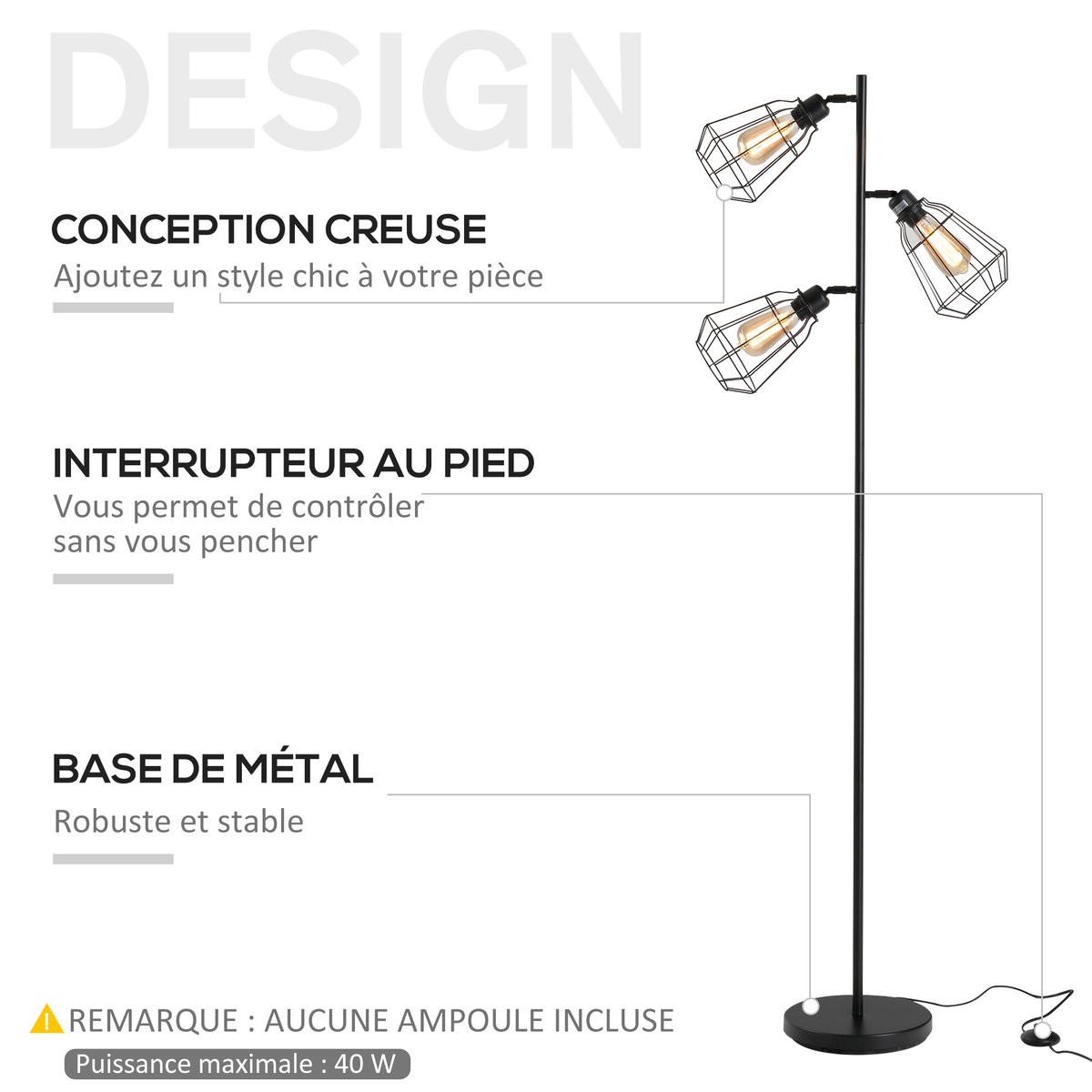 Lampadaire Métal Noir noir, HOMCOM