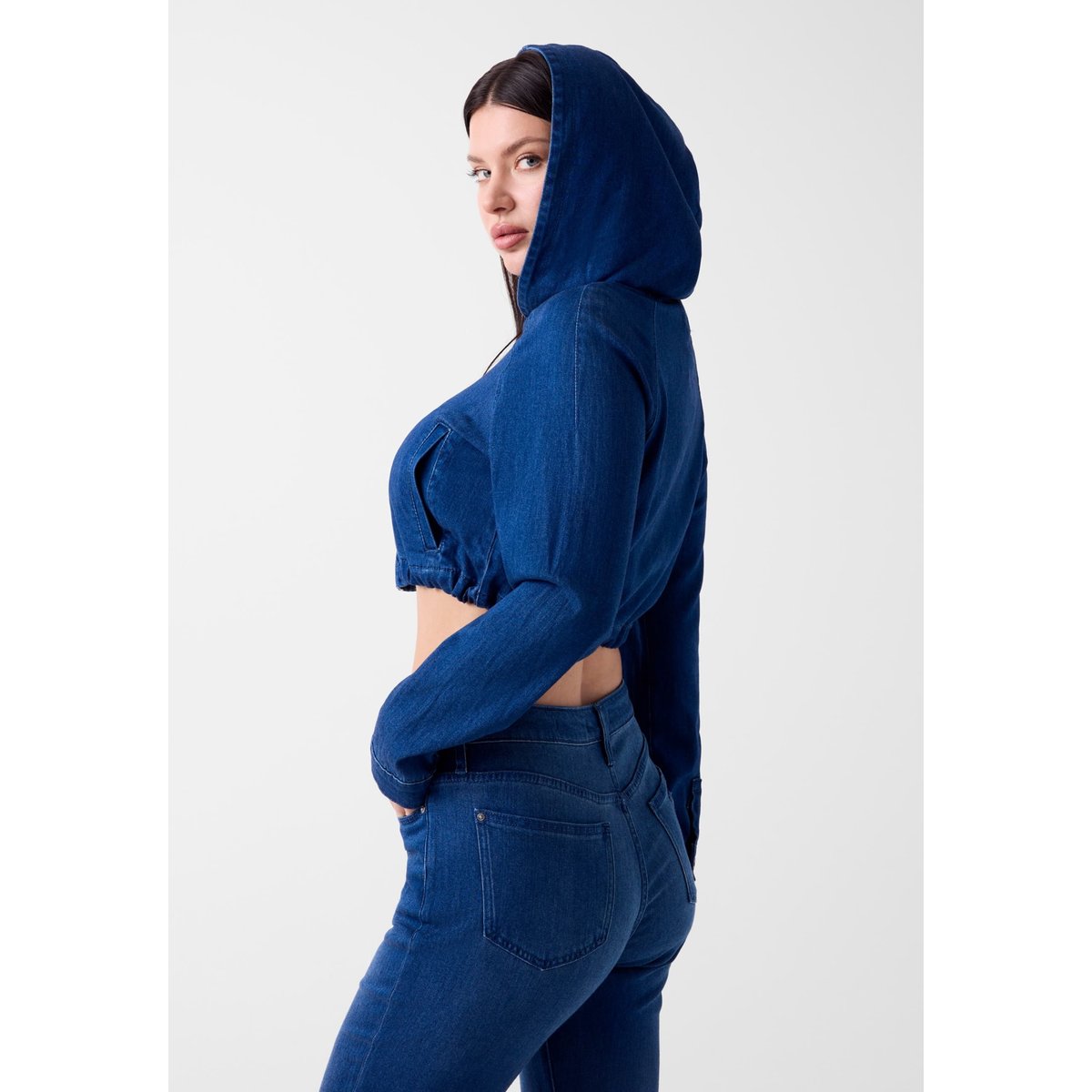 Sweat À Capuche En Denim Cropped bleu, GUESS