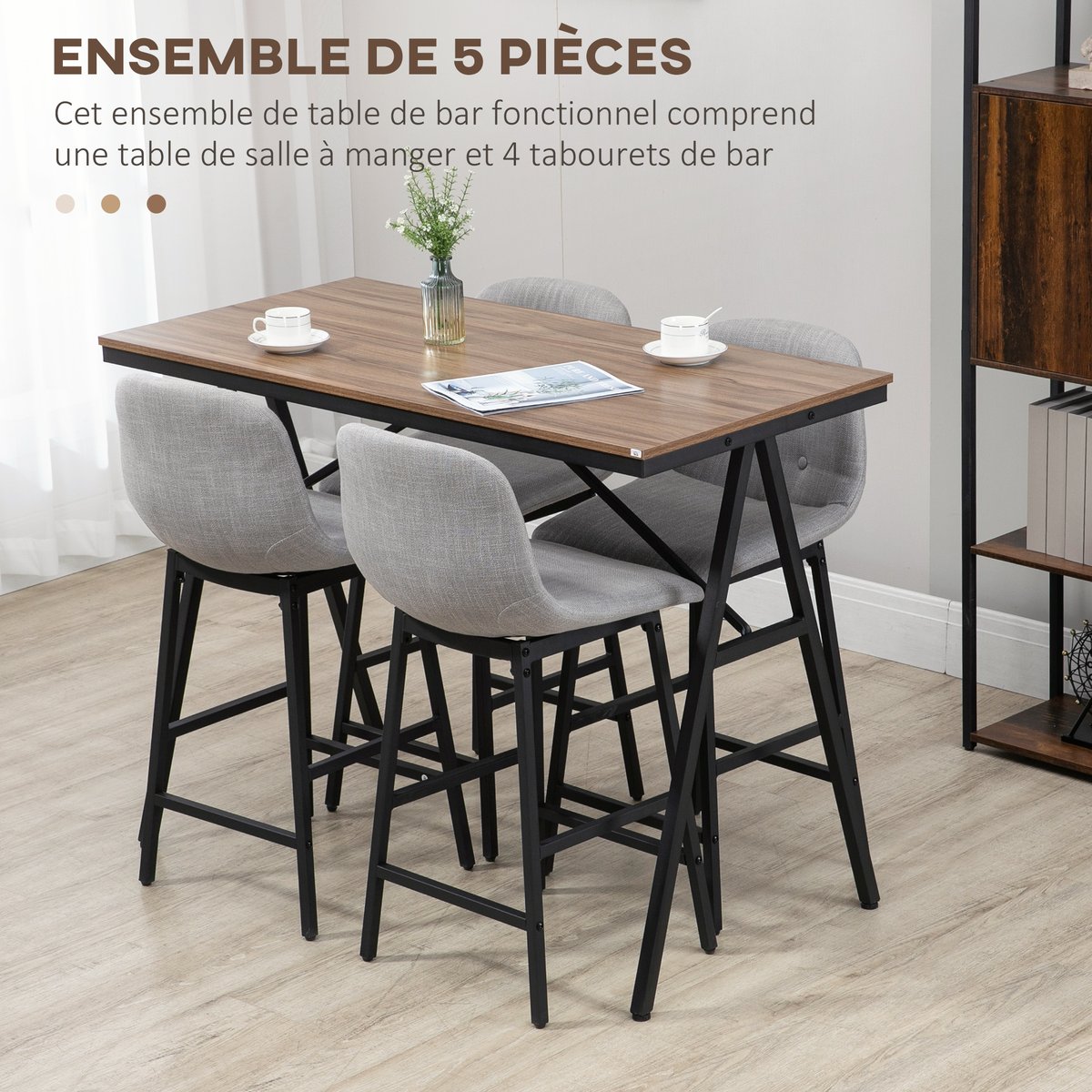 Ensemble de table de bar Acier Gris clair gris clair, bois, noir, HOMCOM