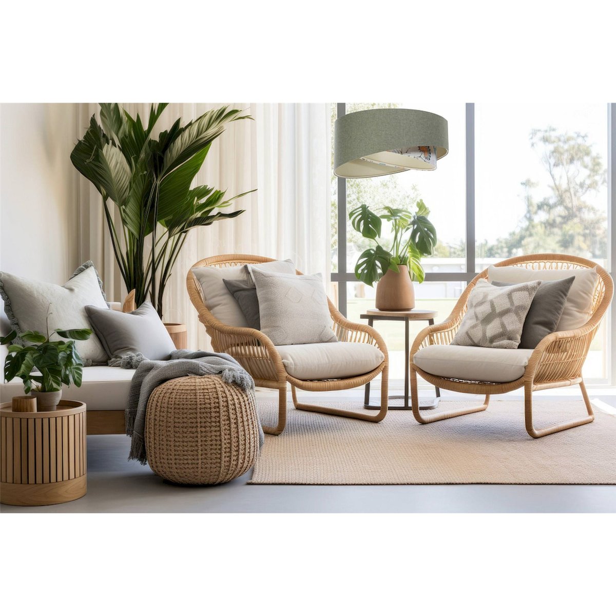 Suspension ronde en tissu style bohème Boho vert vintage avec base beige crème, BPS KONCEPT