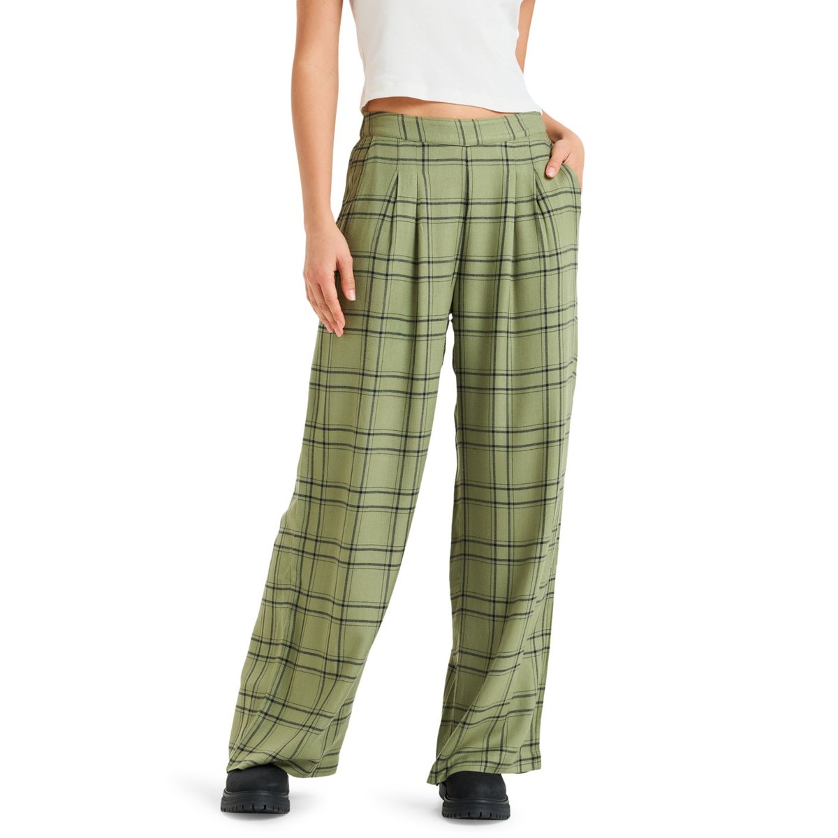Pantalon décontracté en flanelle GREAT INFLUENCE. vert oil green natural plaid, ROXY