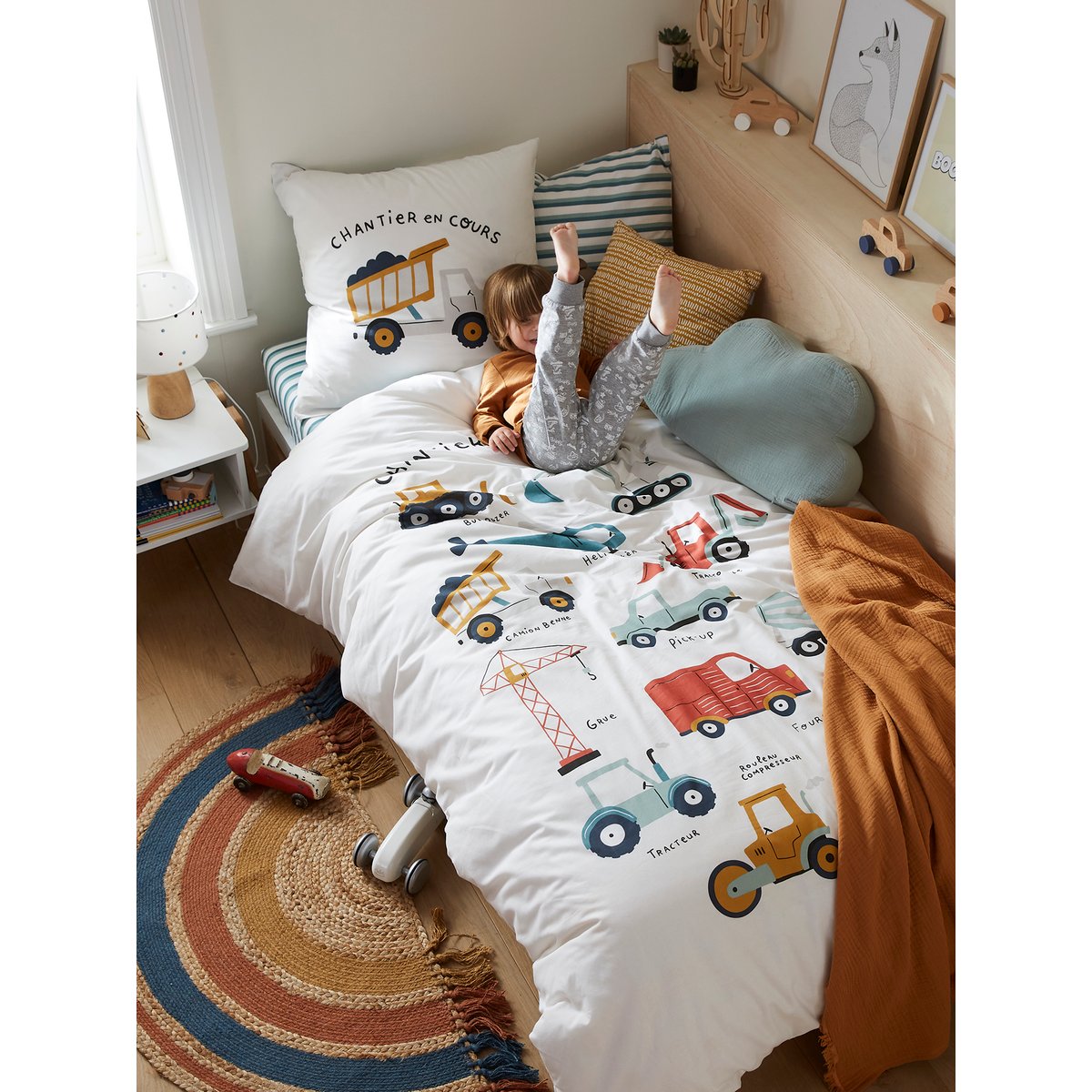 Parure housse de couette + taie d'oreiller QUeL CHANTIER ! écru / multicolore, VERTBAUDET