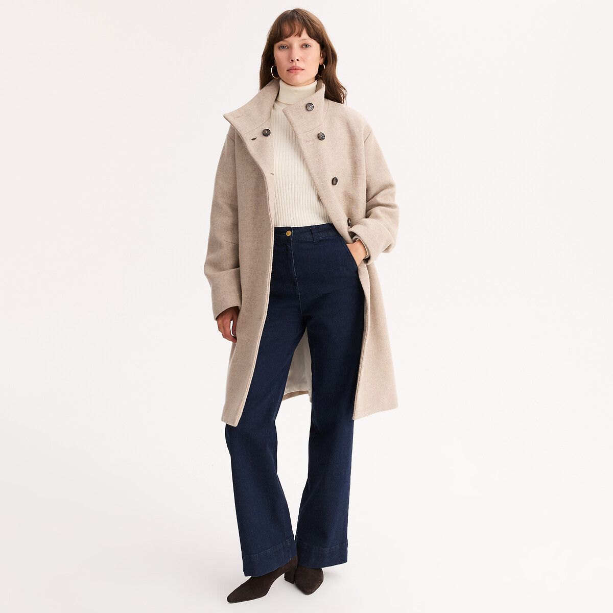Manteau long, col montant, fermeture boutonnée beige chiné, ANNE WEYBURN