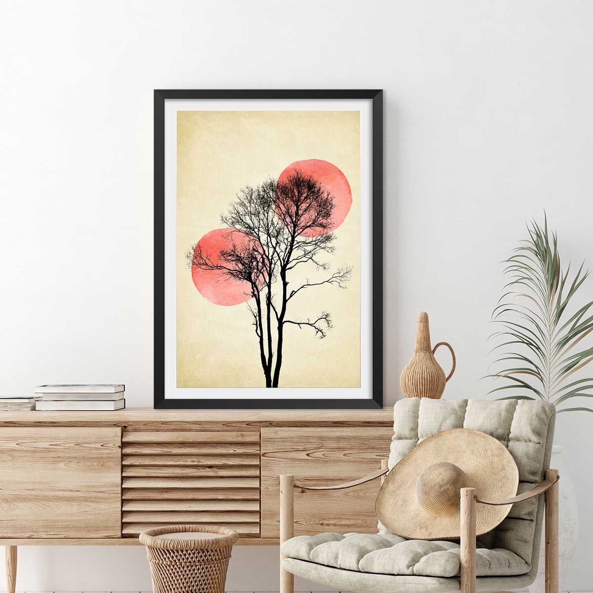 Affiche paysage Lune et soleil d'hiver affiche + cadre en bois - noir, HEXOA