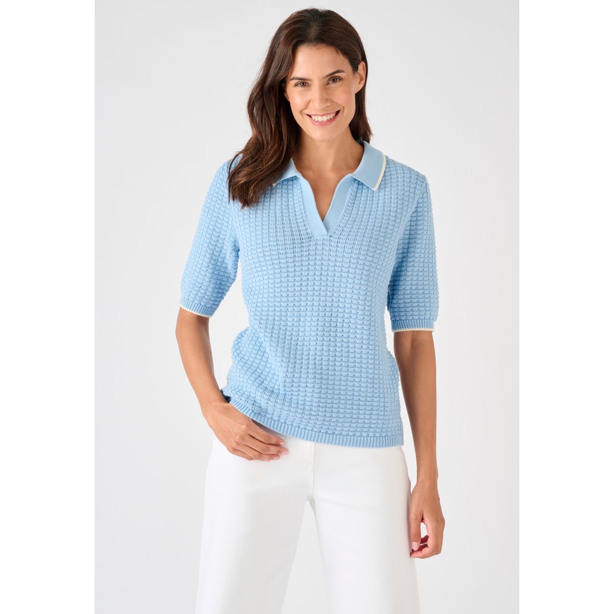 Pull col polo maille gaufrée bleu, DAMART