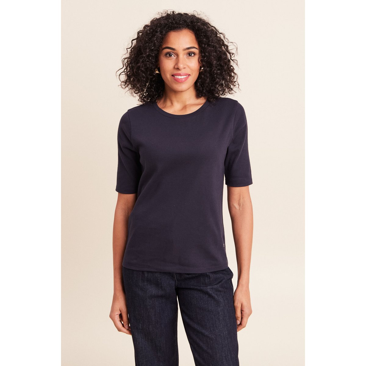 T-shirt ajusté col rond manches coudes bleu foncé, BREAL