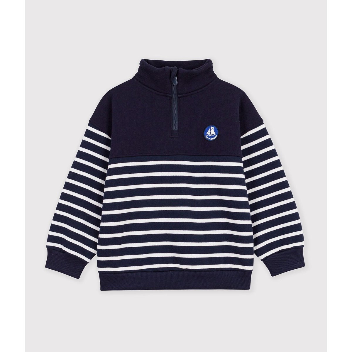 Sweat rayé avec col camionneur zippé bleu marine rayé, PETIT BATEAU