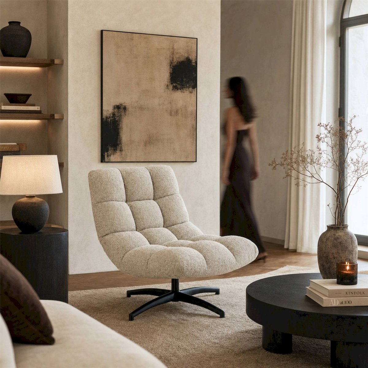 Chaise longue matelassée en métal écru, RECOLLECTION