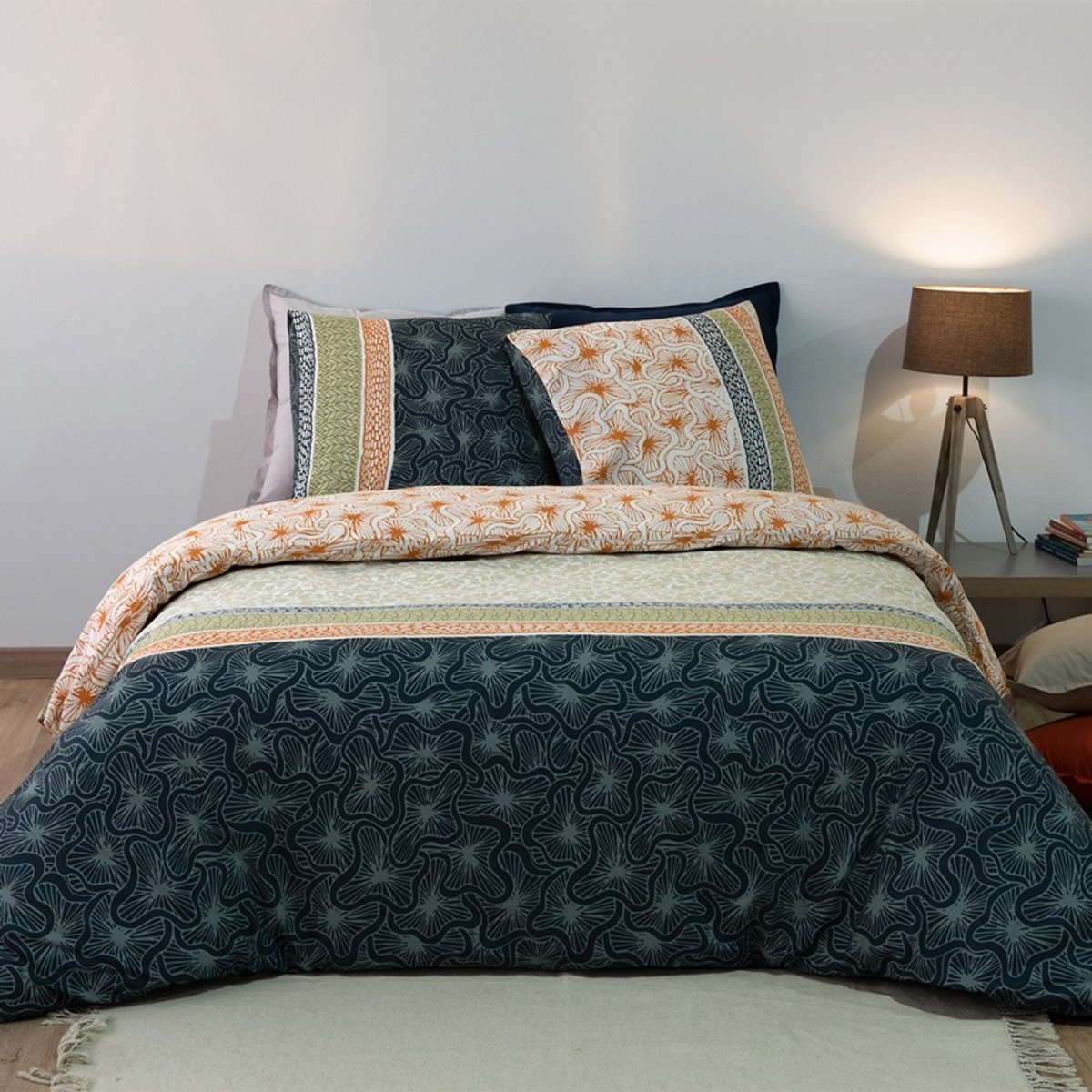 Housse de couette 240x220 + 2 taies Bella coton Percale 71 fils bleu, DECORATIE