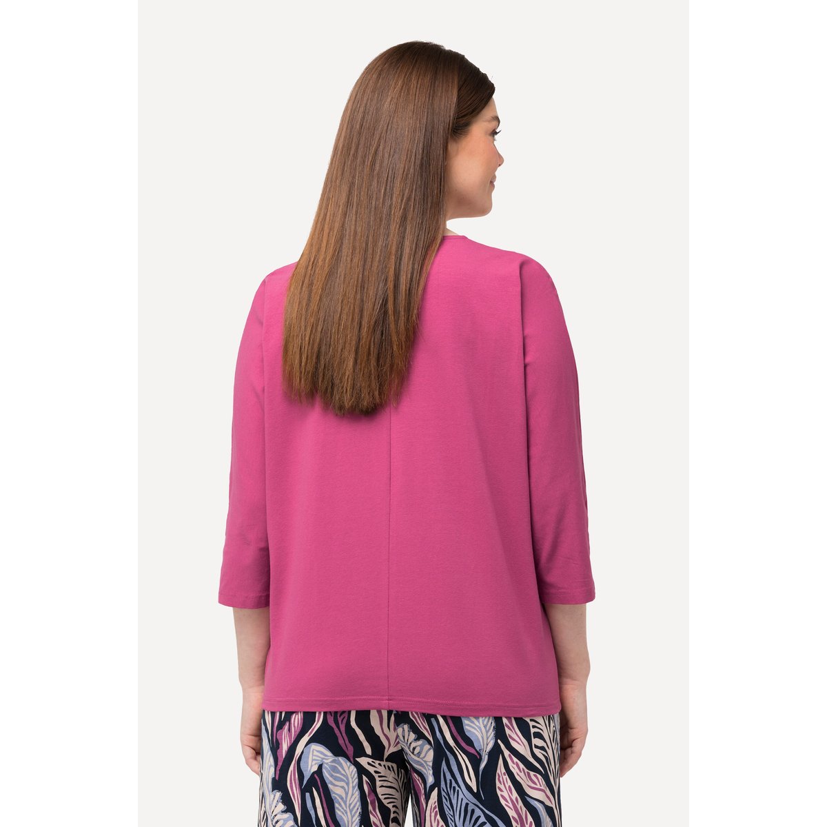 T-shirt col en V et manches 3/4, coton bio fuchsia, ULLA POPKEN
