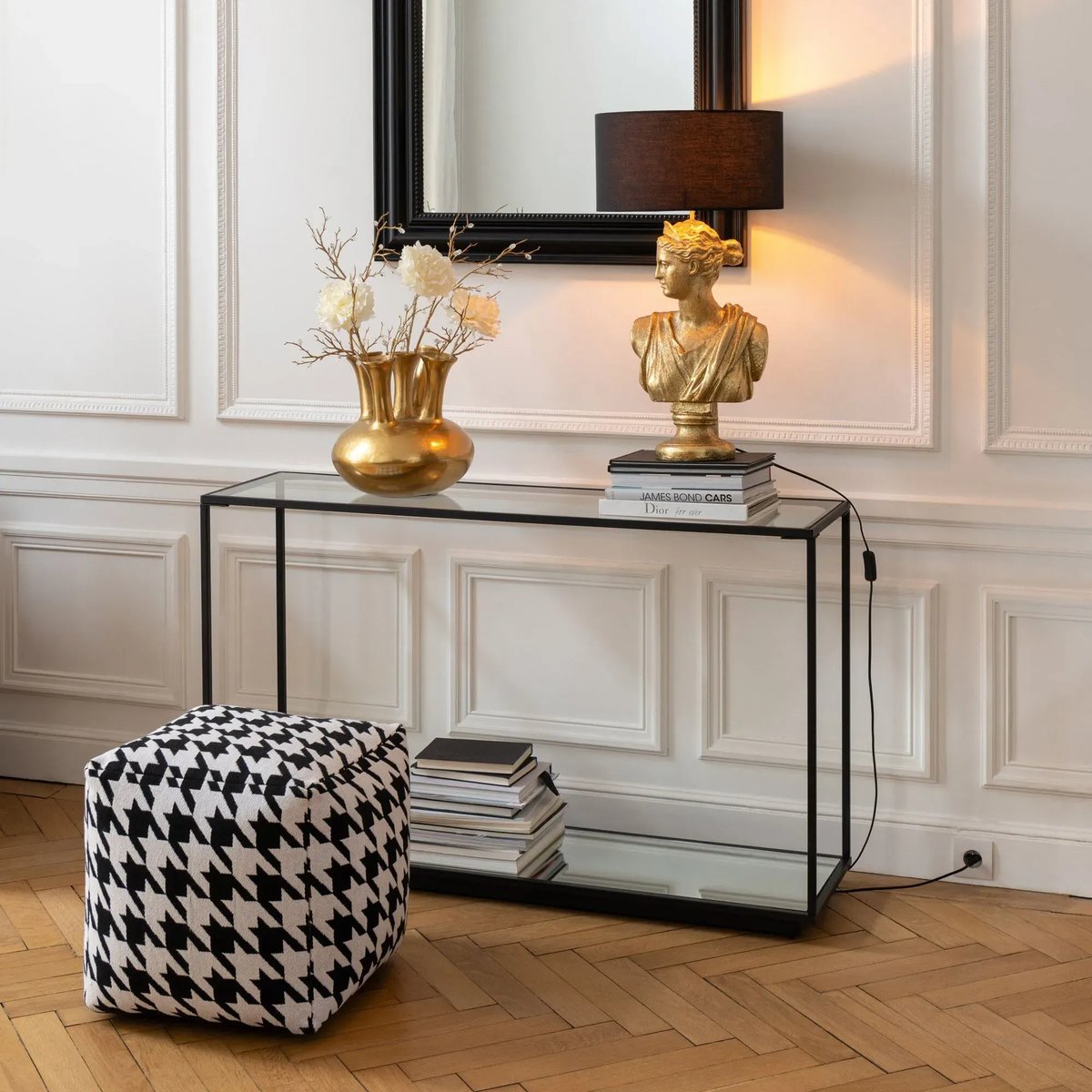 Console design double plateau en verre et métal noir L132 - ORION transparent, HELLIN, DEPUIS 1862