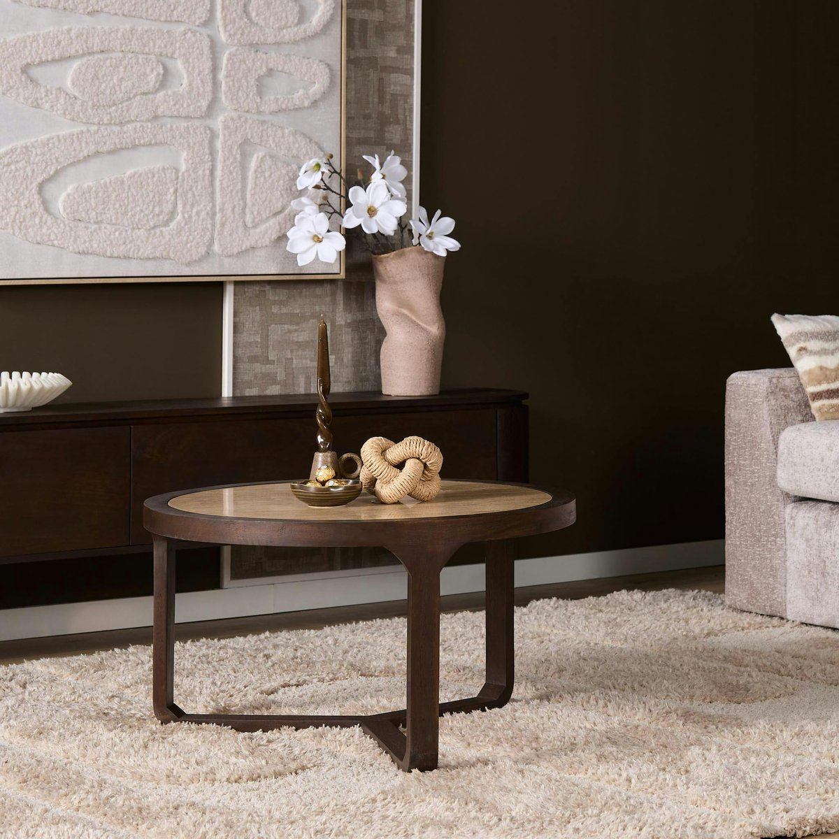 Table basse travertin et bois 3 pieds Ø75 cm DUOMO beige, PIER IMPORT