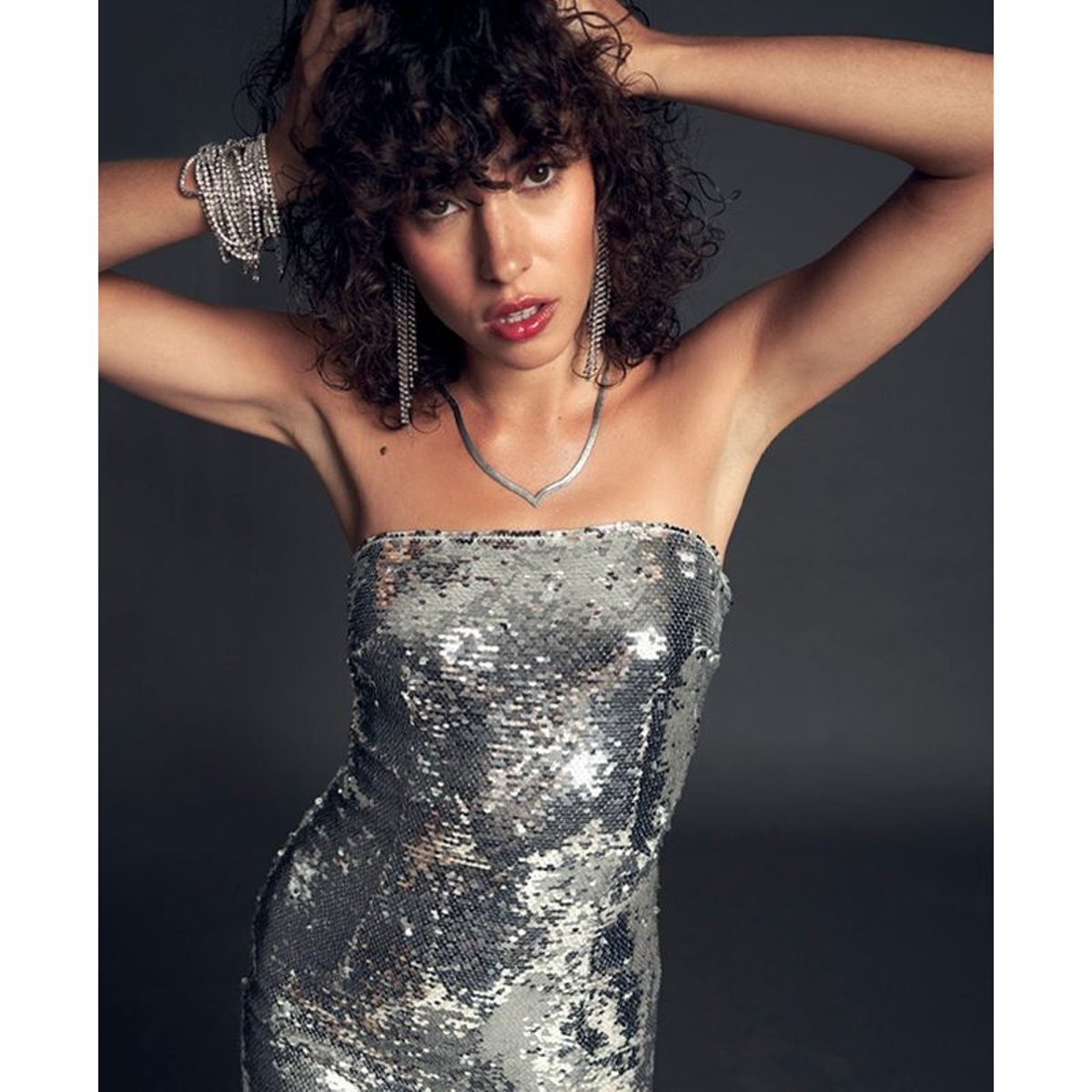 Robe bustier moulante à sequins argent à sequins effet écailles, SUPERDRY