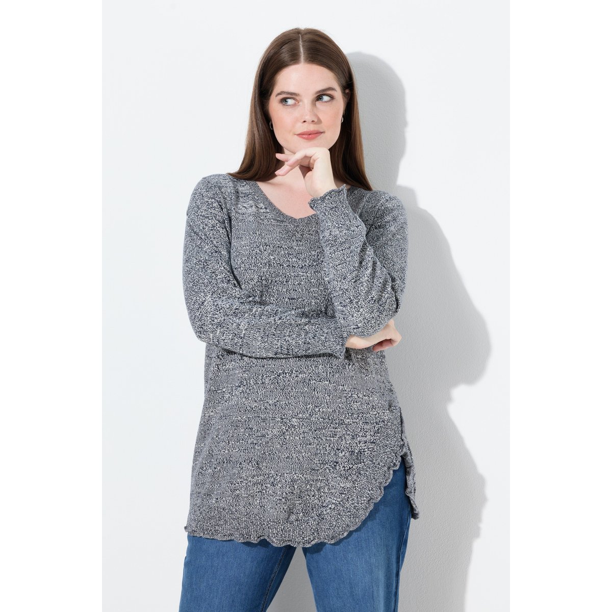 Pull en coton bio, volants marine, ULLA POPKEN