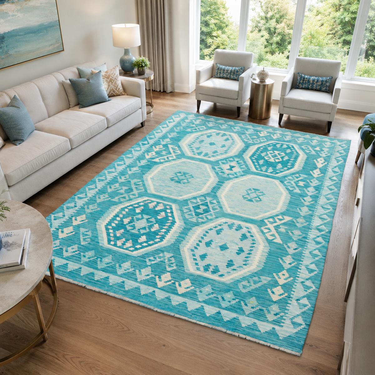 Tapis kilim, motif géométrique authentique, tissage plat en laine bleu, blanc, UN AMOUR DE TAPIS