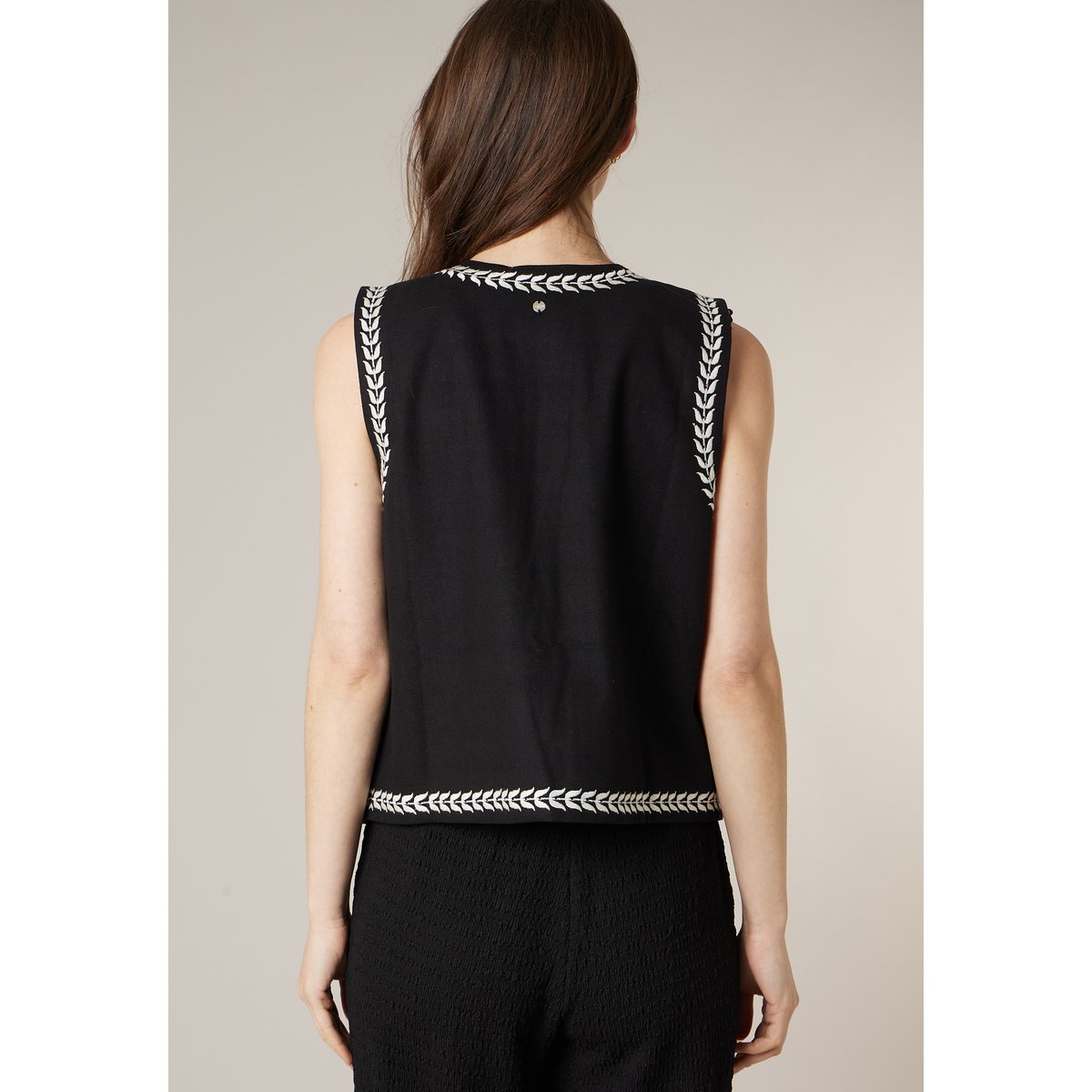 Gilet sans manches femme bohème 100% coton FLORIA noir, DEELUXE