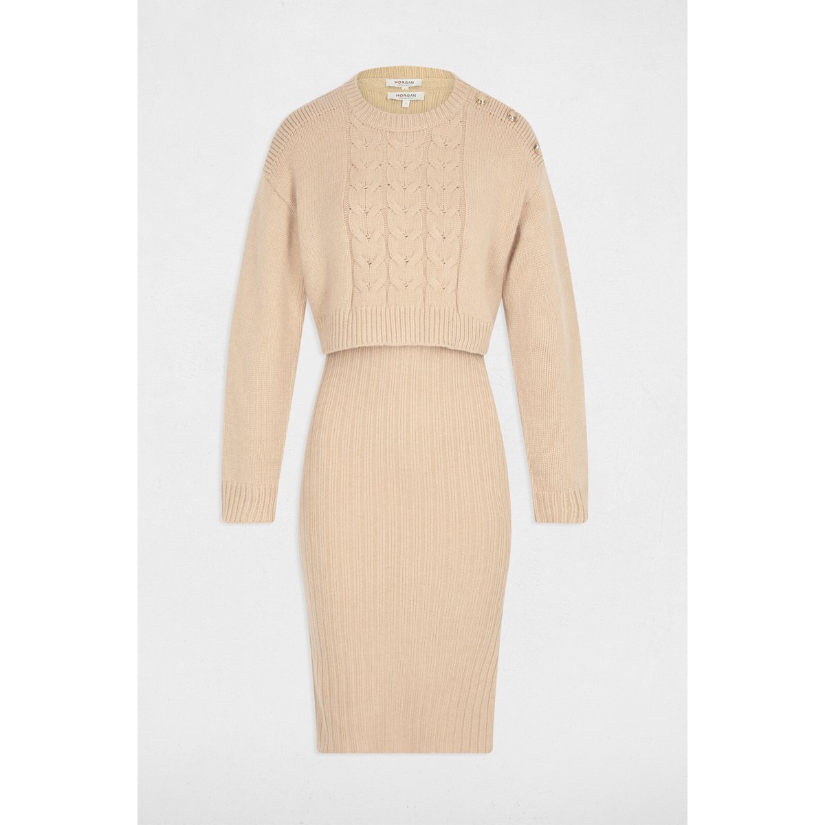 Robe tricot ajustée 2-en-1 beige, MORGAN