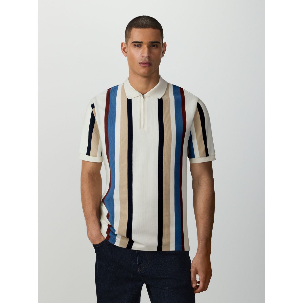 Polo semi-zippé à rayures verticales bleu/blanc, NEXT