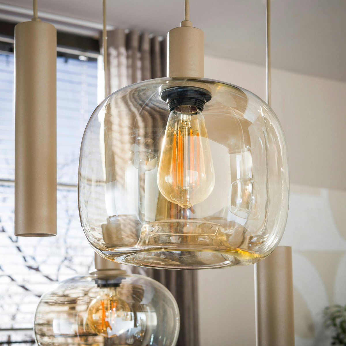 Suspension moderne 9 lampes verre ambré métal beige NIAGARA beige, PIER IMPORT