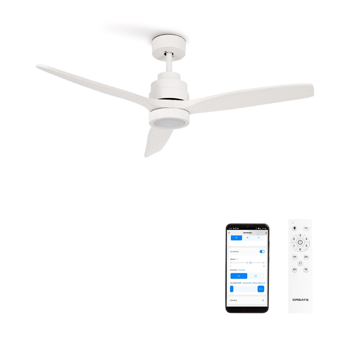 Ventilateur de plafond avec pales en ABS technique avec lumière et Wi-Fi WIND STYLANCE blanc/blanc, CREATE