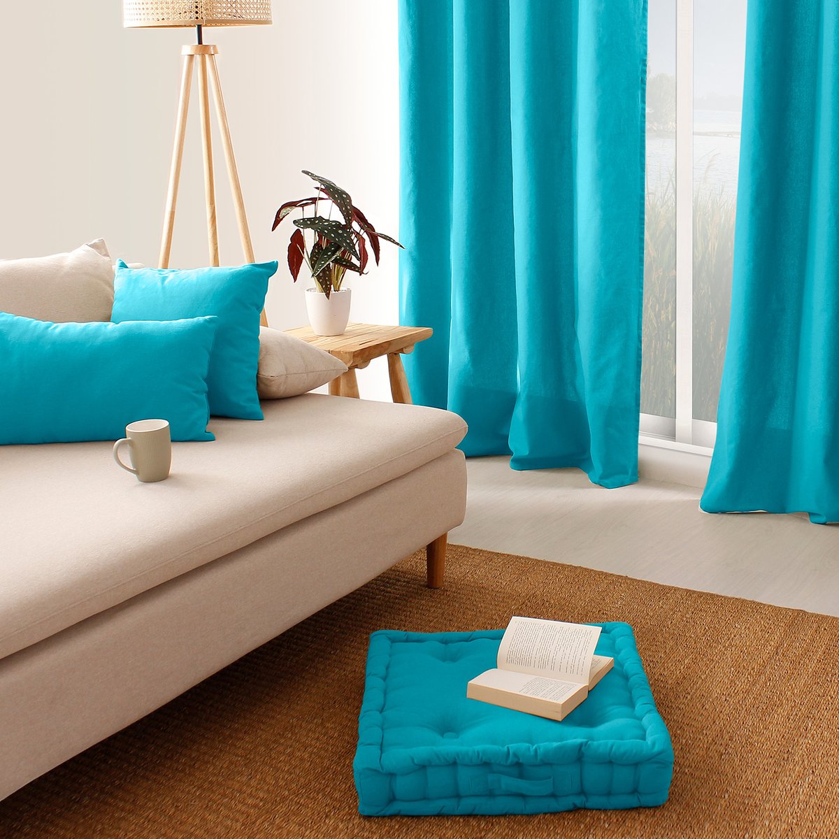 Coussin carré déhoussable en coton PANAMA turquoise, TOILINUX