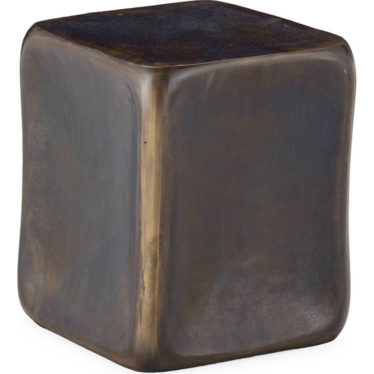 Tabouret cube en métal et laiton vieilli bleu cobalt antique et laiton vieilli, RECOLLECTION