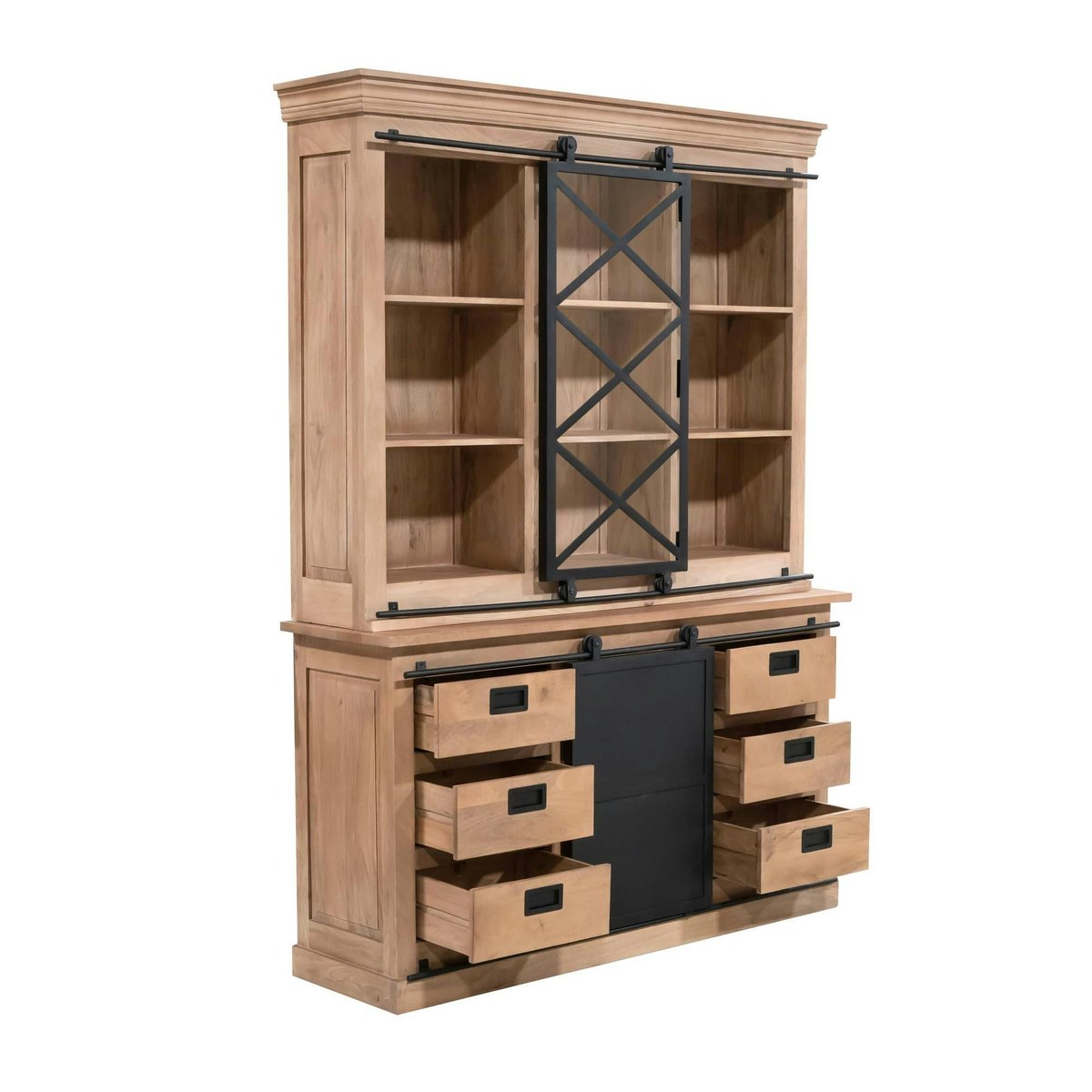 Vaisselier bois métal style atelier à portes coulissantes 160 cm CAMDEN bois naturel, PIER IMPORT