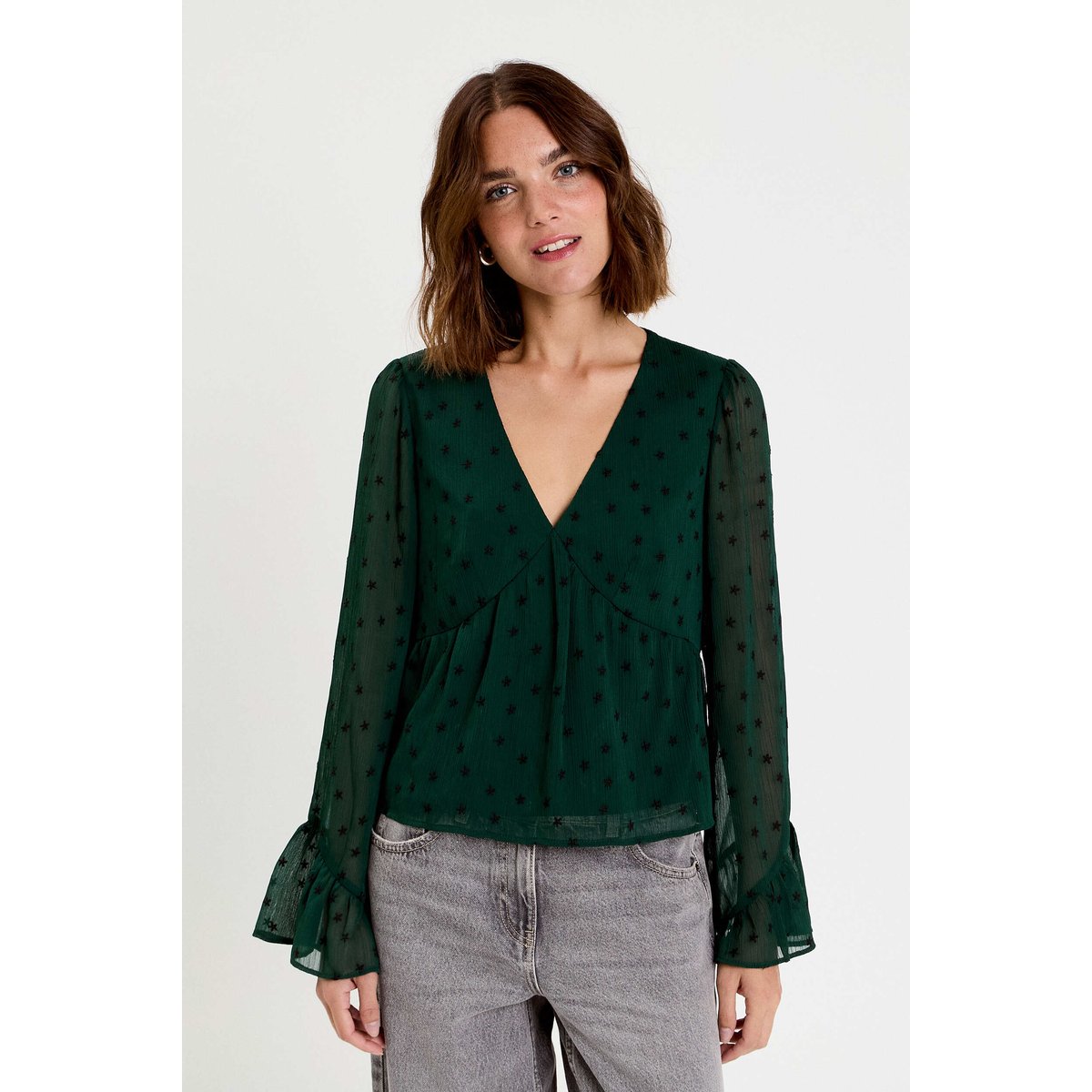 Blouse brodée volantée vert foncé, CACHE CACHE