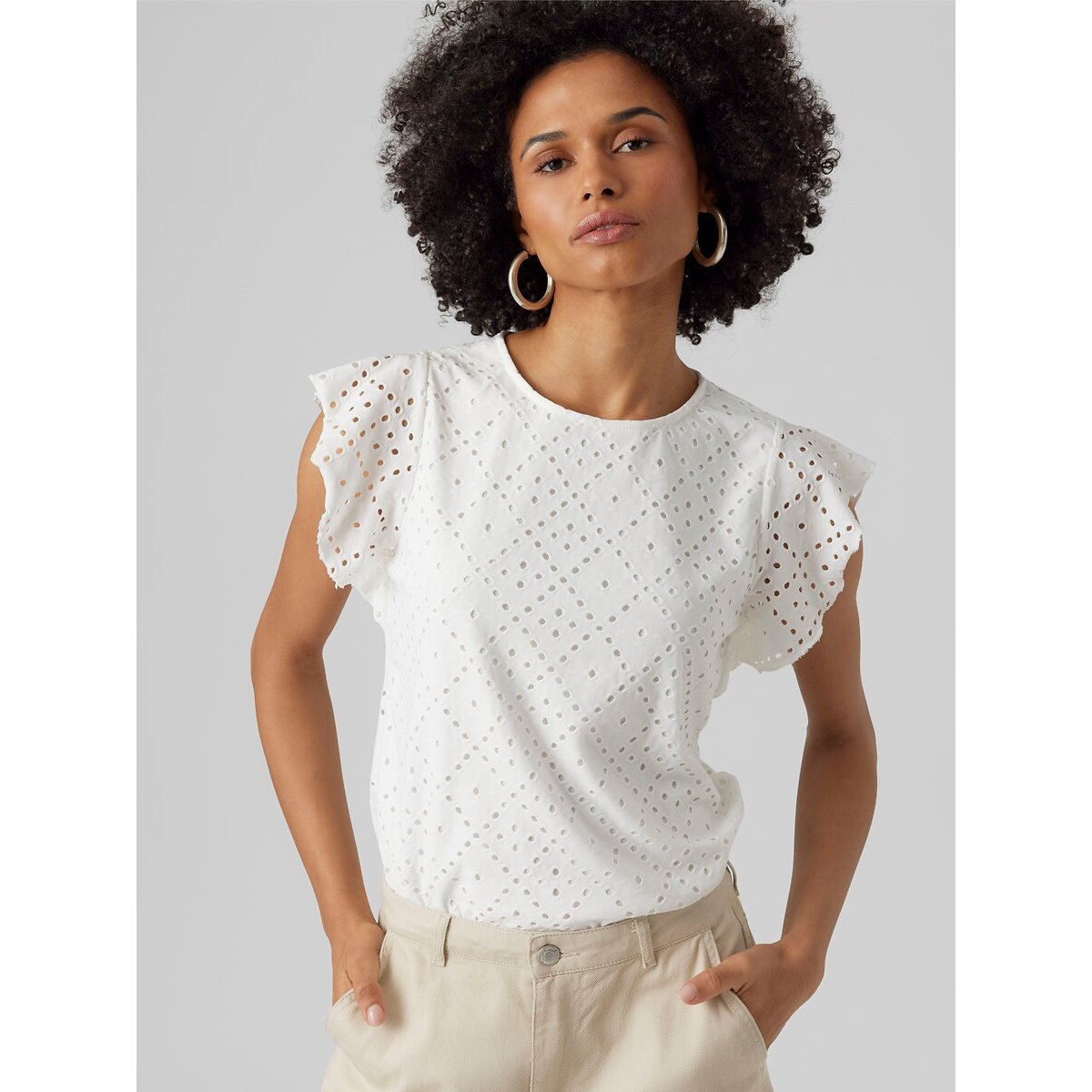 T-shirt traforata, collo rotondo, maniche corte bianco, VERO MODA