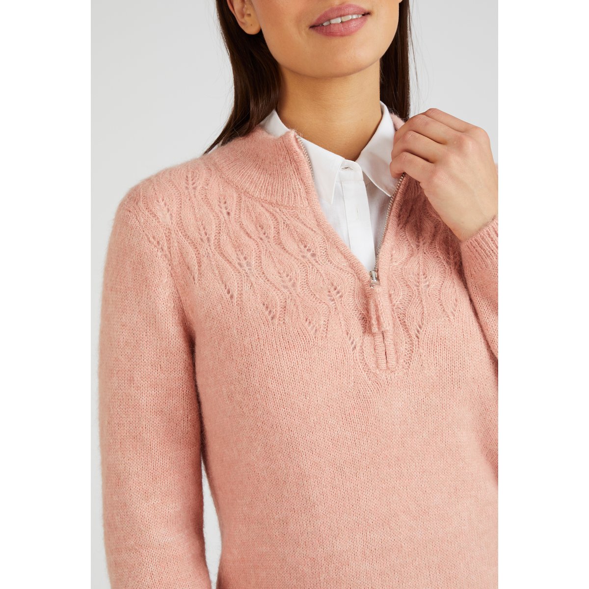 Pull col zippé mélange alpaga rose chiné, DAMART