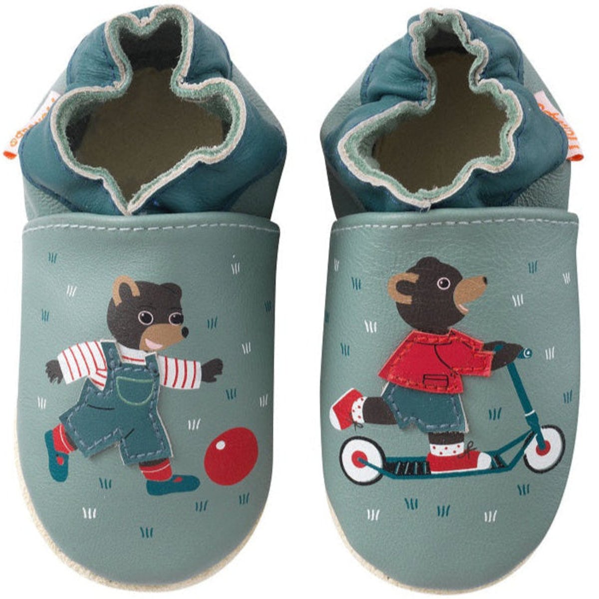 Chaussons bébé cuir souple Petit Ours Brun joue dehors bleu, TICHOUPS