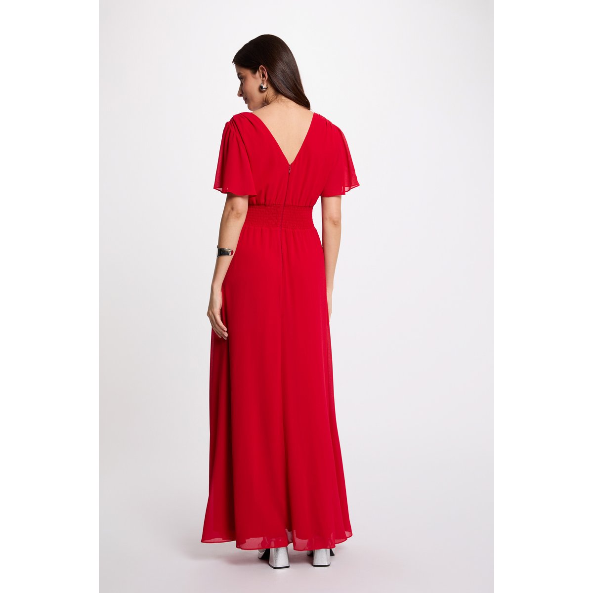 Robe longue manches courtes col V rouge, MORGAN