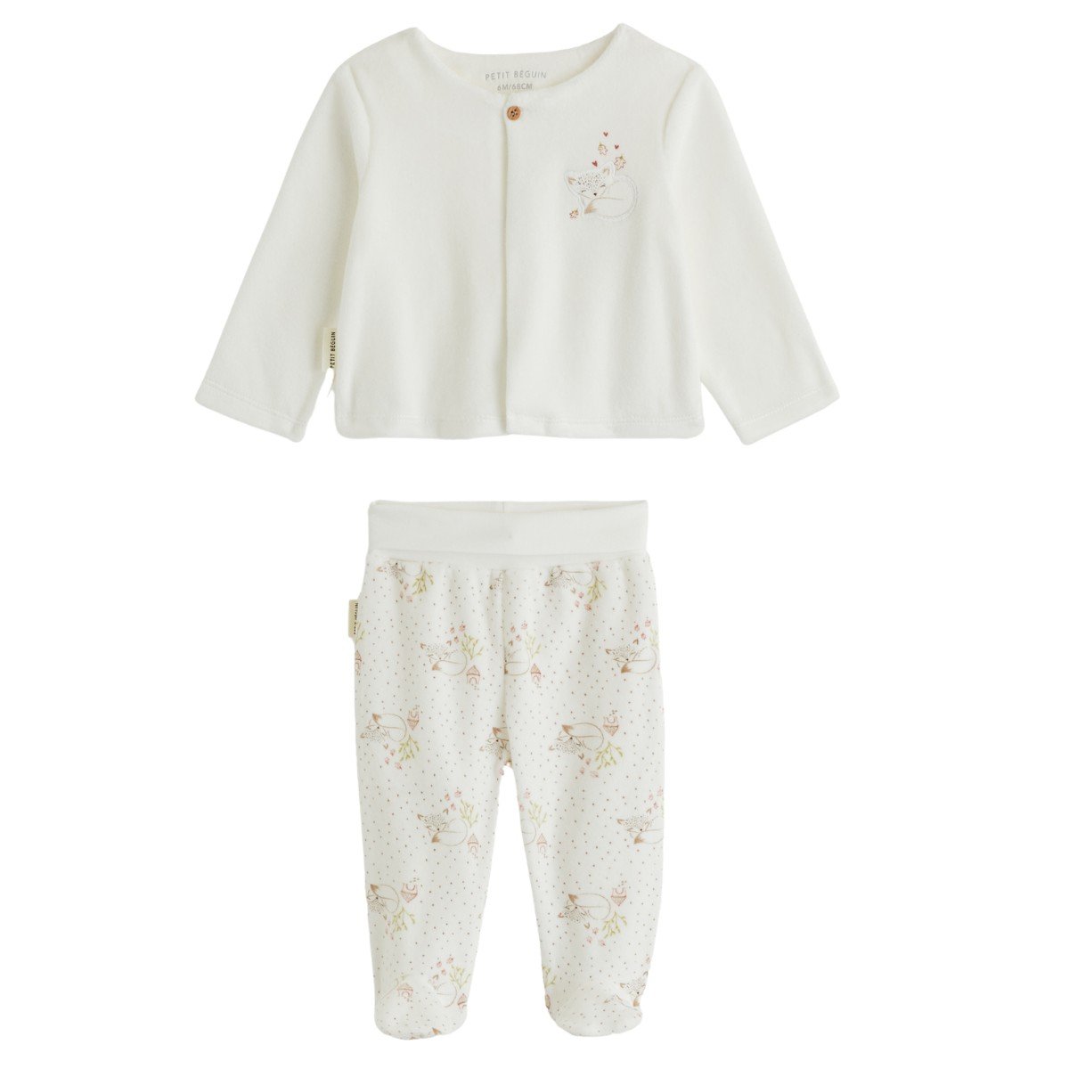 Ensemble bébé gilet et pantalon avec pieds en velours Doucette ecru, PETIT BEGUIN