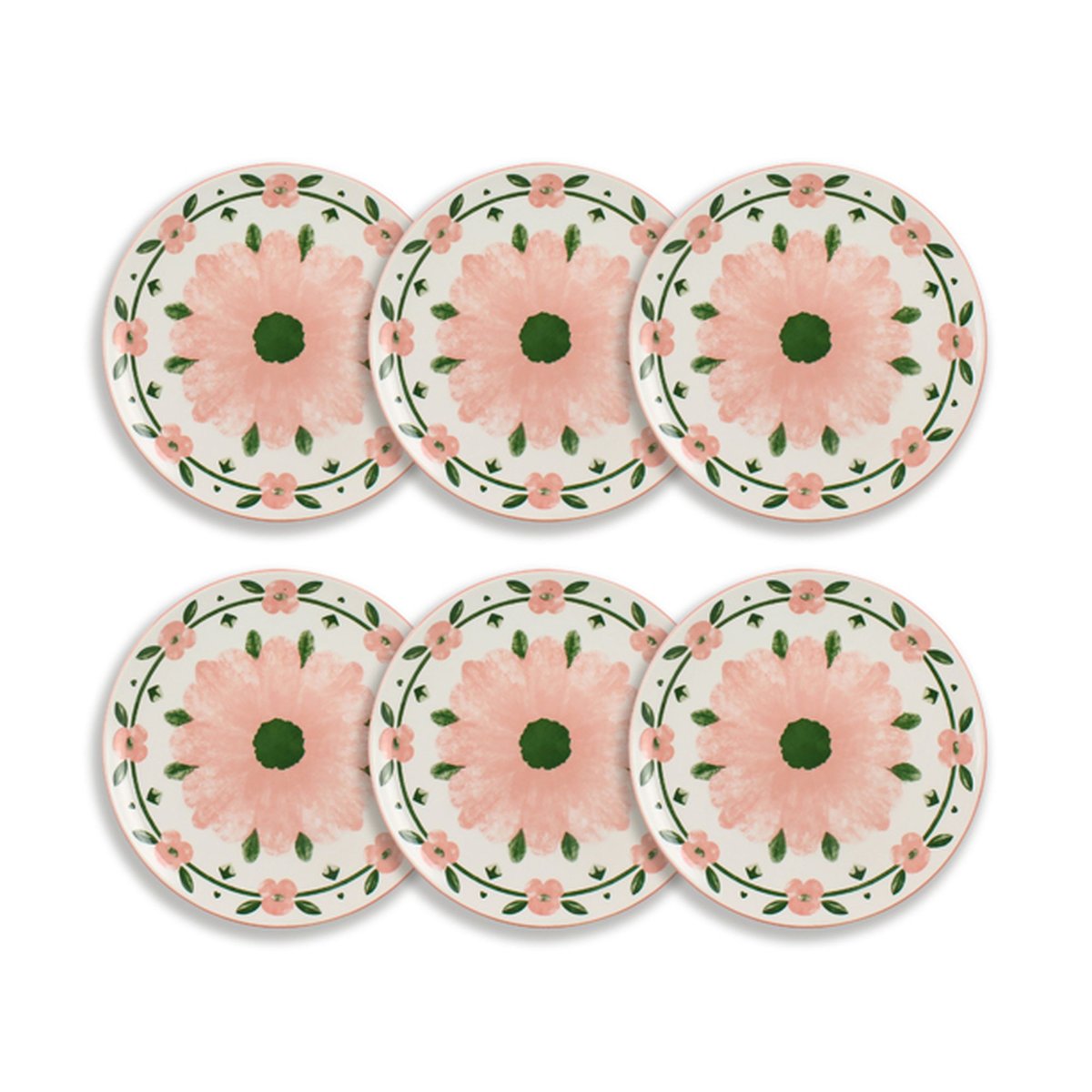 Lot de 6 assiettes plates 27cm en porcelaine, PRIMAVERA blanc-rose, NOVASTYL