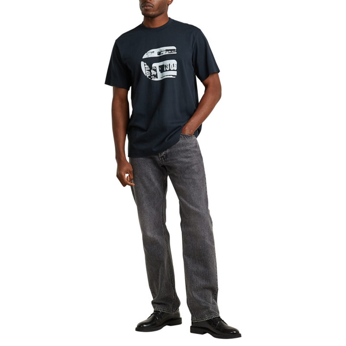 T-shirt en coton biologique bleu marine imprimé avec une coupe droite bleu foncé, G-Star RAW