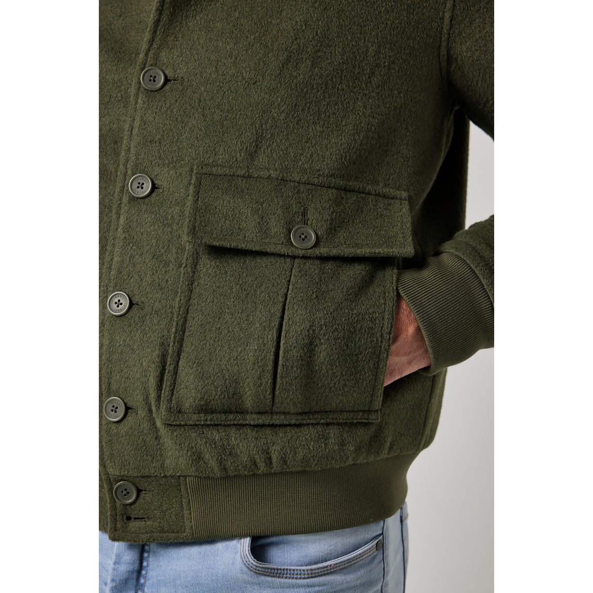 Veste en laine mélangée, col montant vert kaki, JP1880