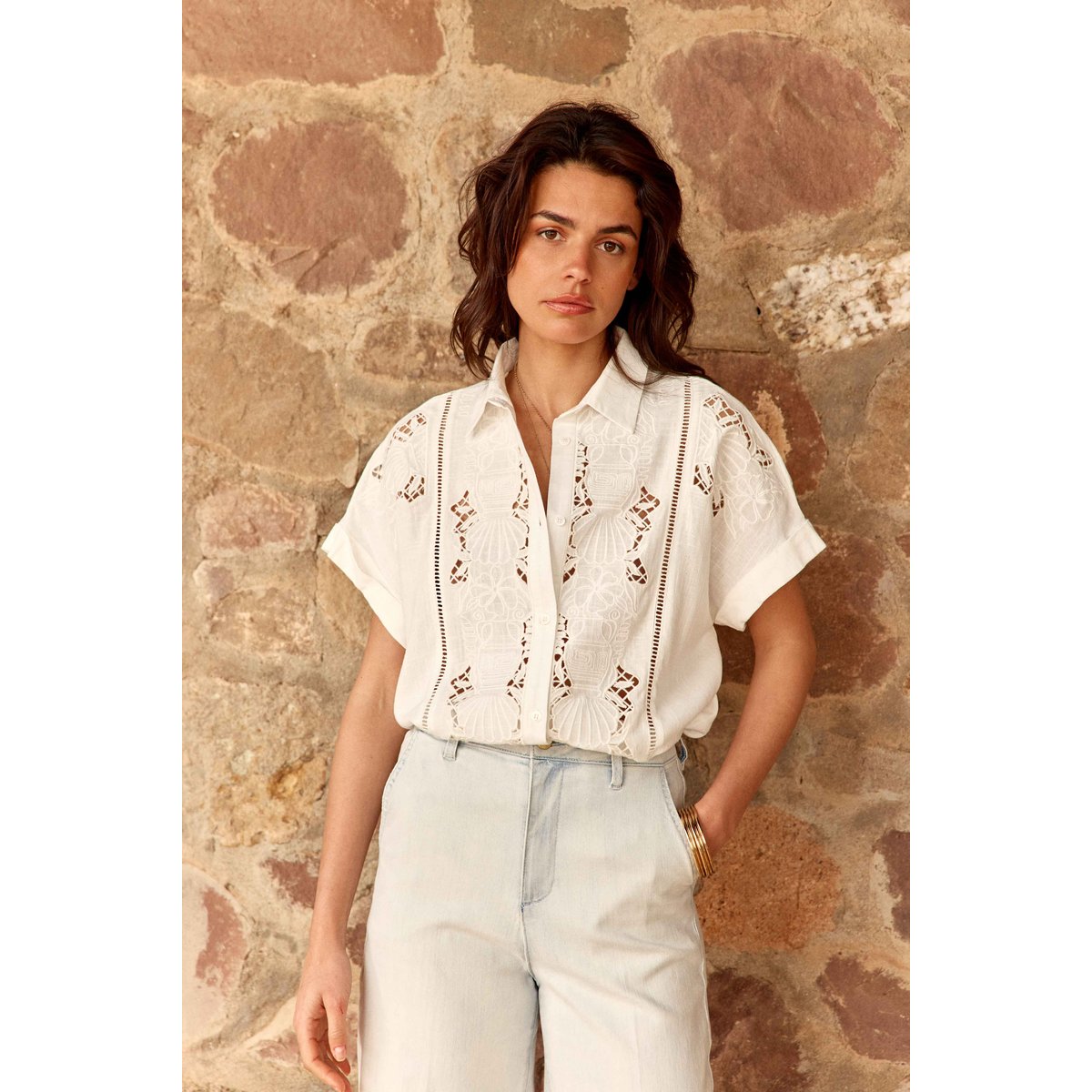 Chemisier manches courtes col chemise uni CHERYL 10-blanc, LA PETITE ETOILE