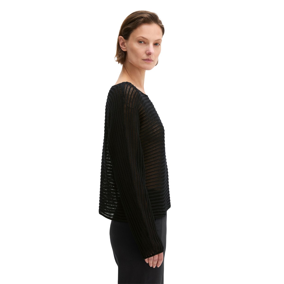 Pull ajouré relaxed en mélange de coton et de lin bio noir, MARC O'POLO