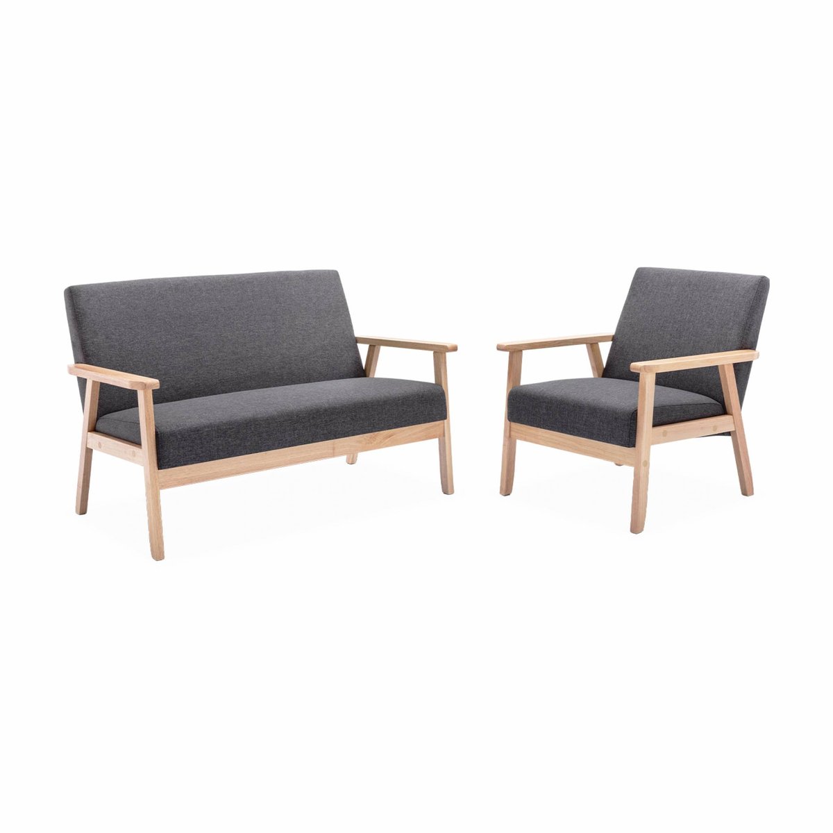 Banquette 2 places + fauteuil 1 place bois de peuplier, d'hévéa et tissu ISAK gris foncé, SWEEEK