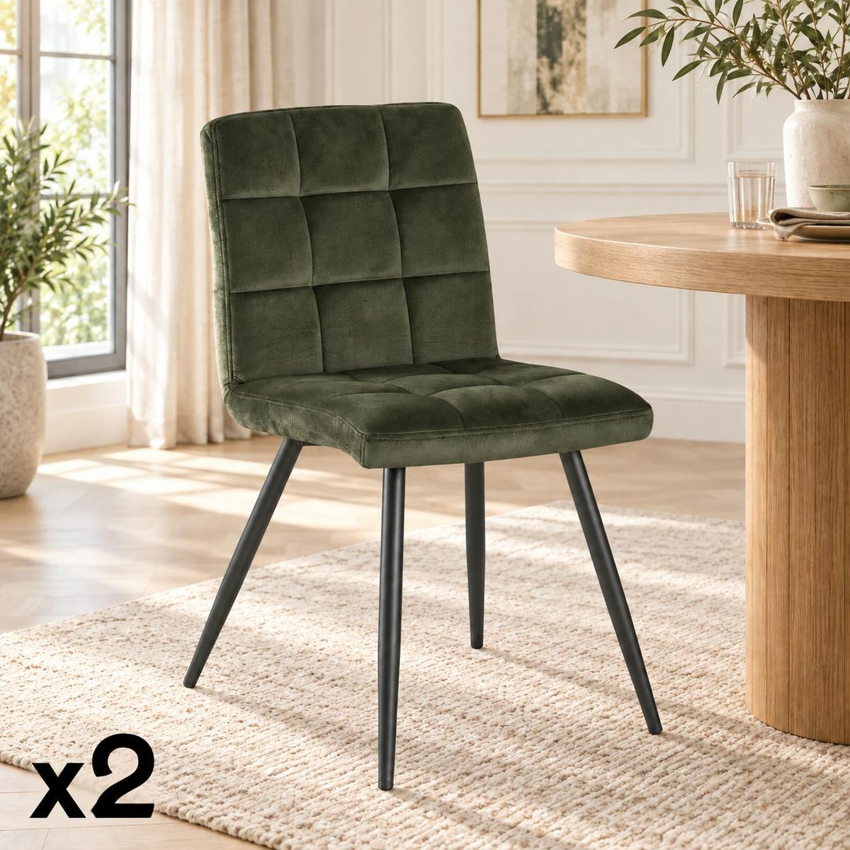 Chaise en velours capitonné (lot de 2) MALMOE kaki, PIER IMPORT
