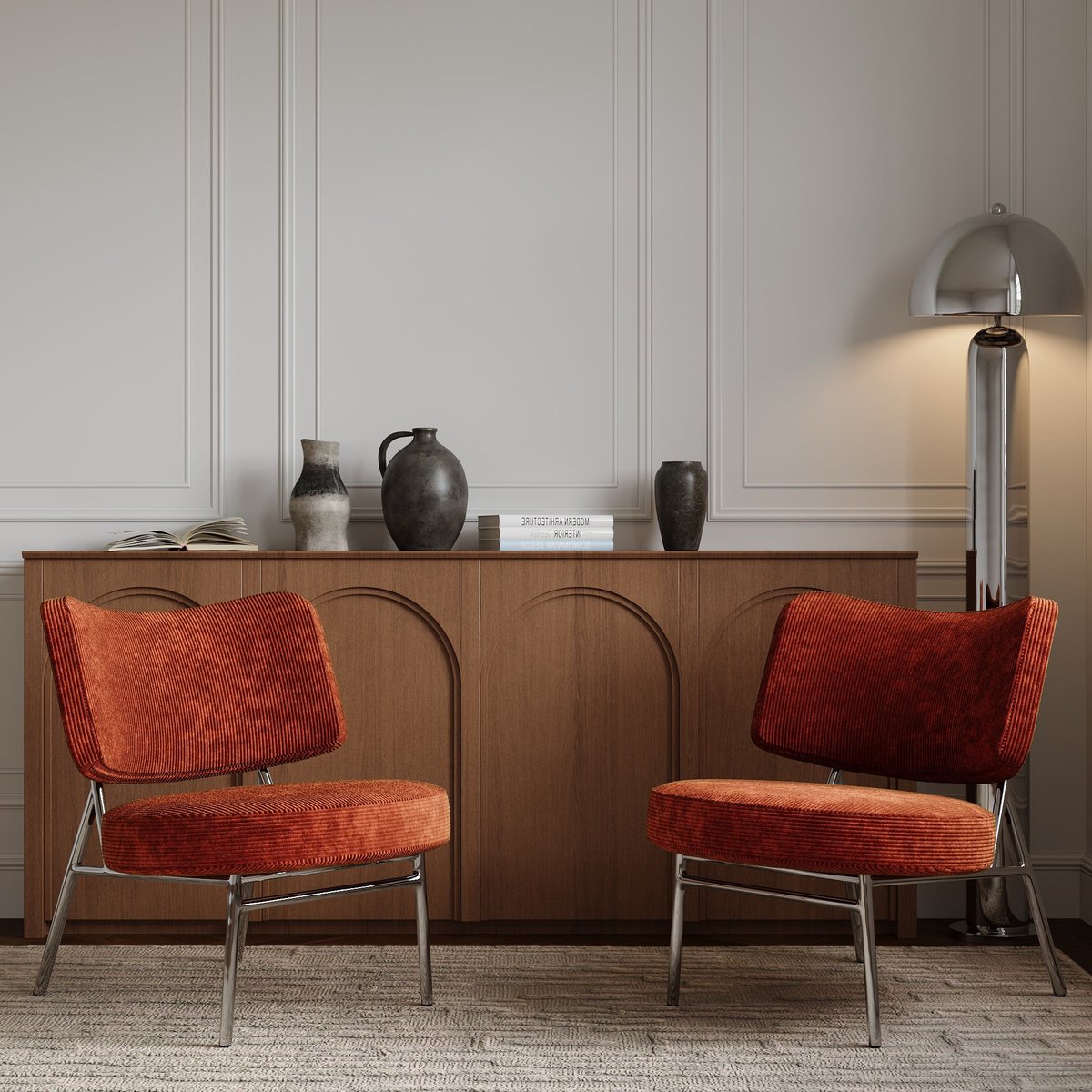 Fauteuil de salon en velours côtelé IGGY orange rétro, SIA HOME