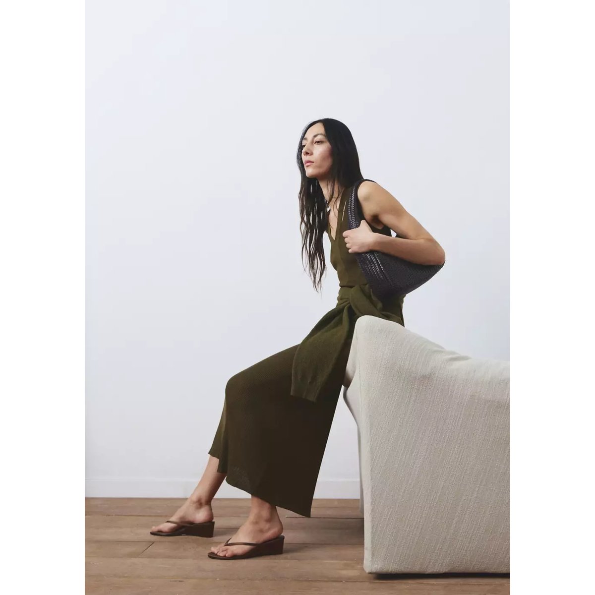 Robe maille fine évasée kaki, MANGO