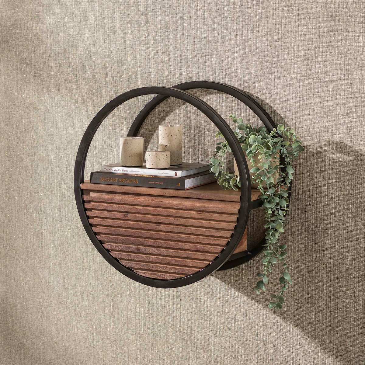 Etagère murale ronde bois d'acacia foncé 1 tiroir Ø50 cm NAKO marron, PIER IMPORT