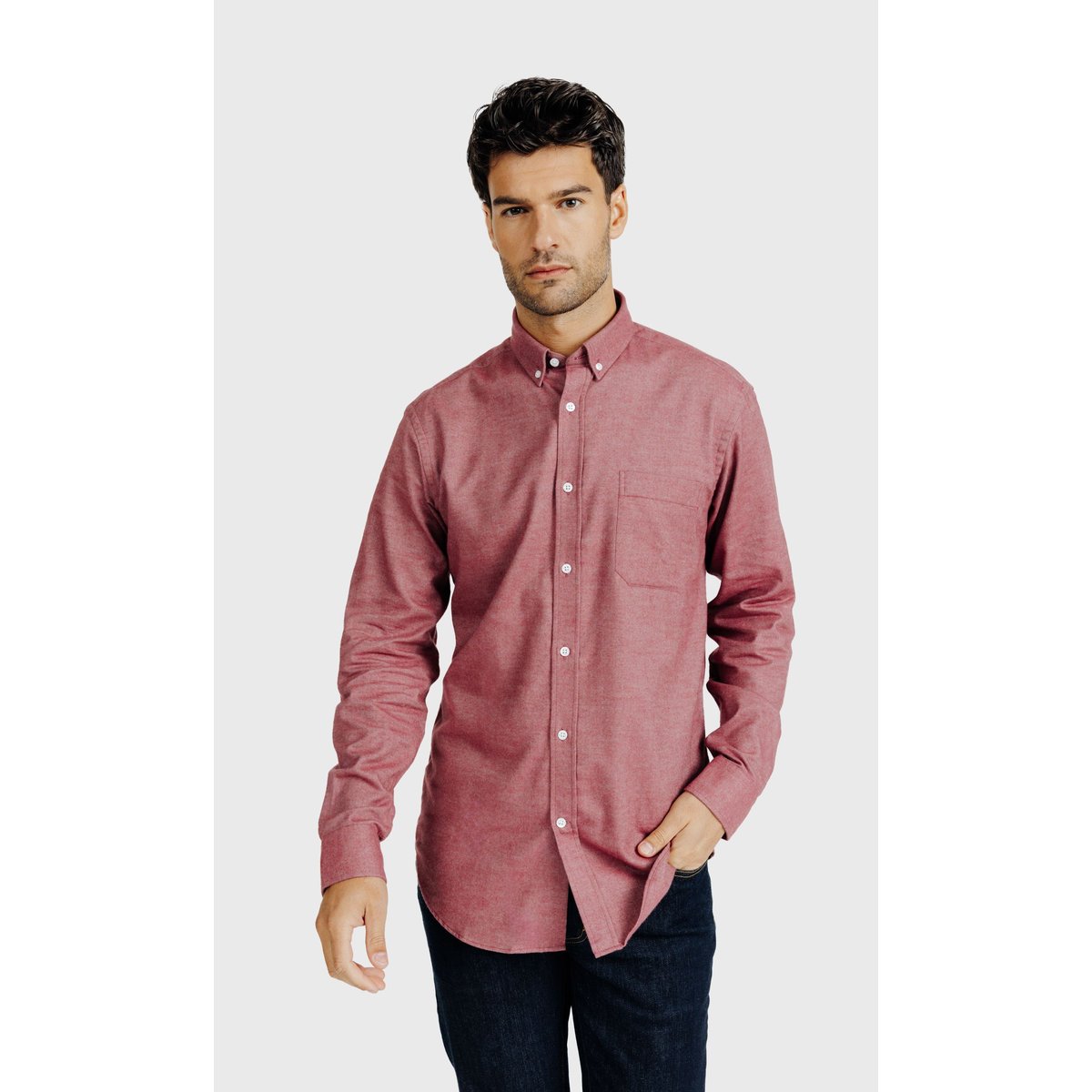 Chemise Regular fit en flanelle de coton uni bordeaux, ACROSS