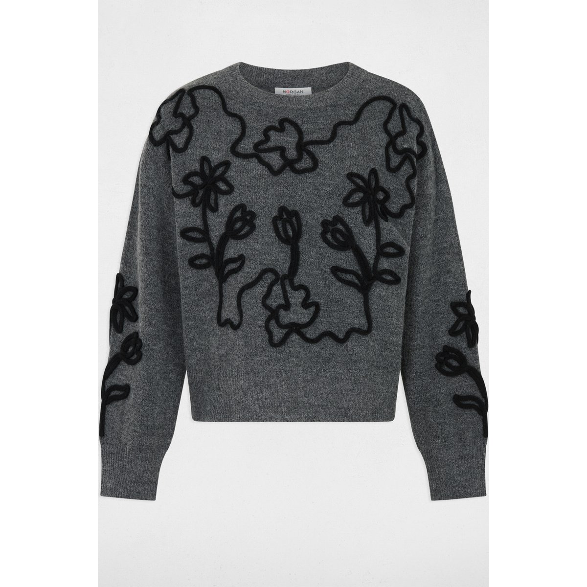 Pull col rond fantaisie gris foncé, MORGAN