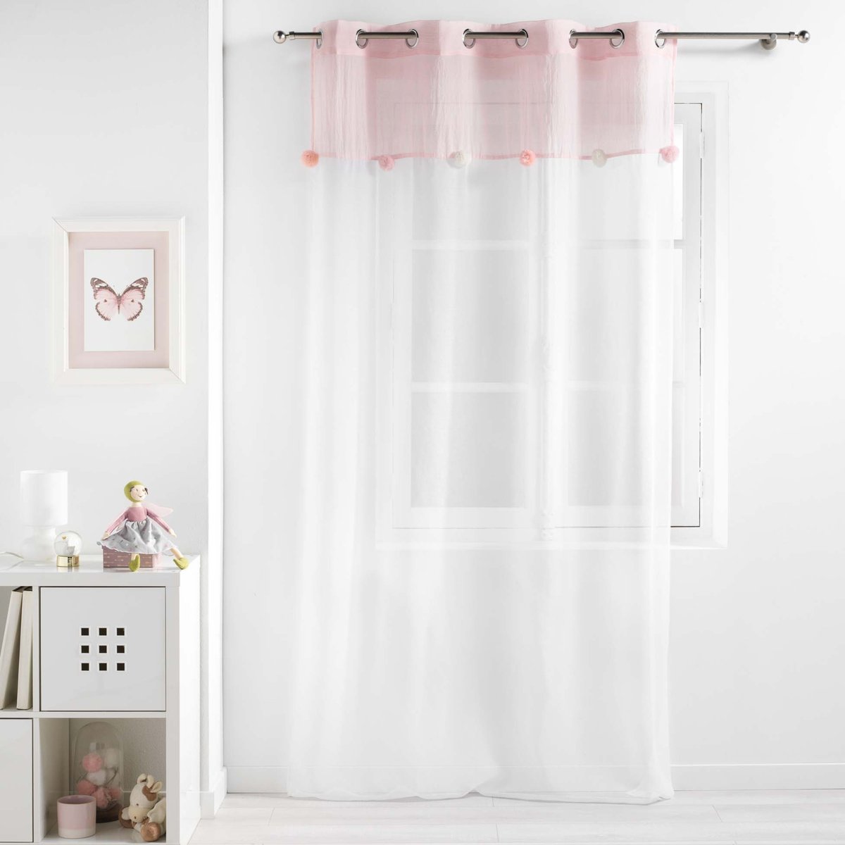 Voilage à pompons colorés rose clair, DOUCEUR D'INTÉRIEUR