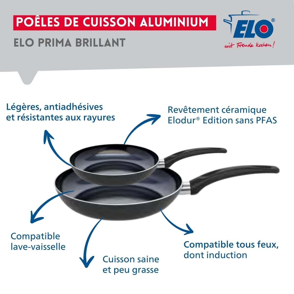 Batterie 2 poêles 24/32cm + 1 faitout 24cm PRIMA BRILLANT noir, ELO